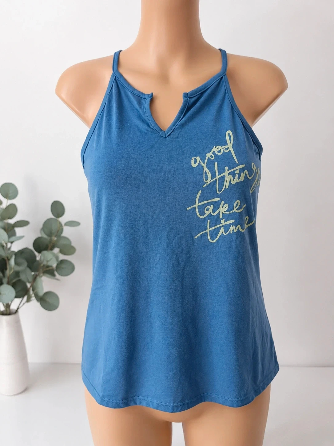 Débardeur bleu imprimé Good Things Take Time – Taille xs– Bretelles fines